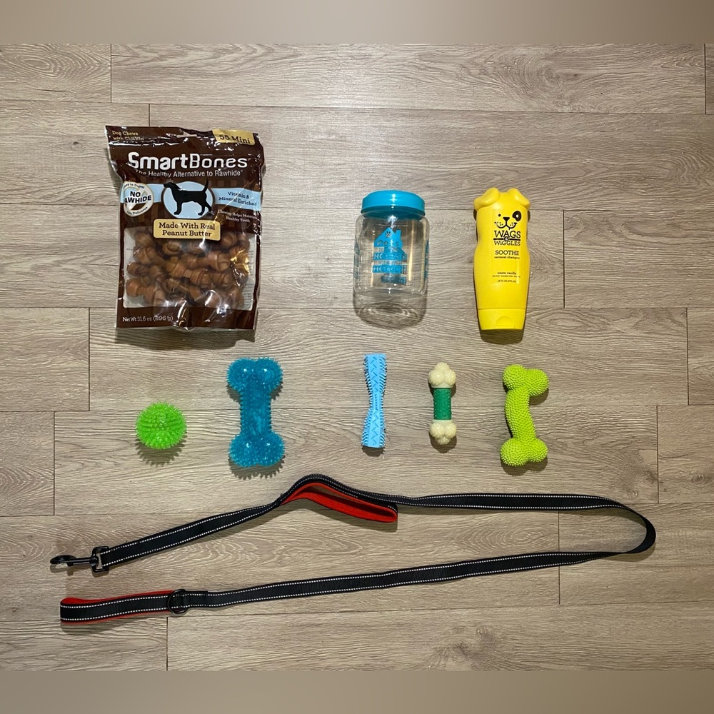 Dog Bundle: Toys, Treats, Leash, Shampoo, Treat Container
